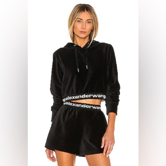 ALEXANDER WANG Stretch Corduroy Cropped Long Sleeve Hoodie in Black - Picture 1 of 7